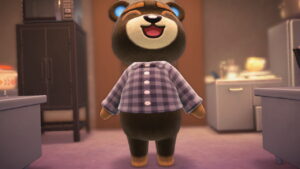 A close up of Grizzly in his home. The background is blurred.