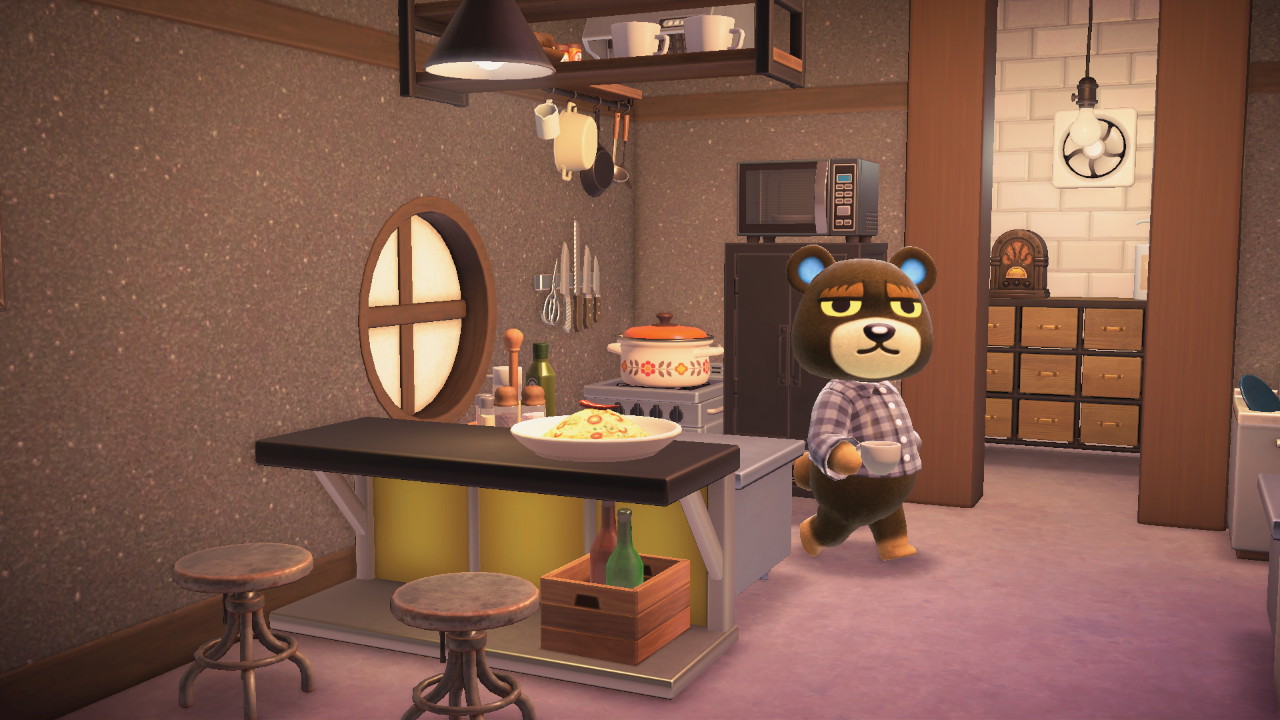 Grizzly holding a cup of coffee, walking through the kitchen.