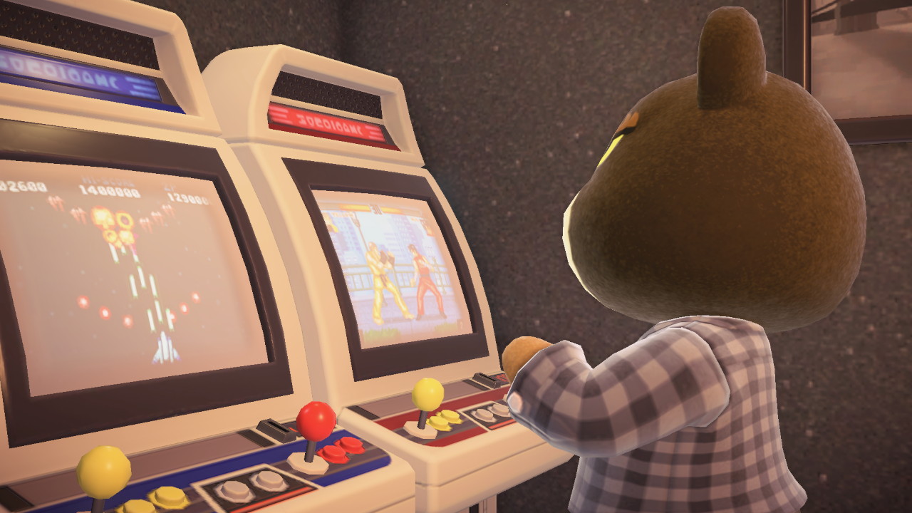 Grizzly’s back as he’s facing the Street Fighter-type arcade candy cab. Next to the Space Invaders-type game.