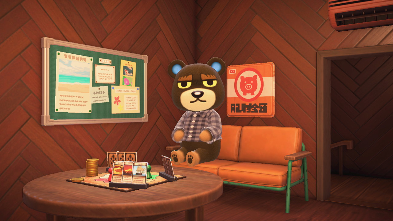 Grizzly sitting on an orange futon with green frame